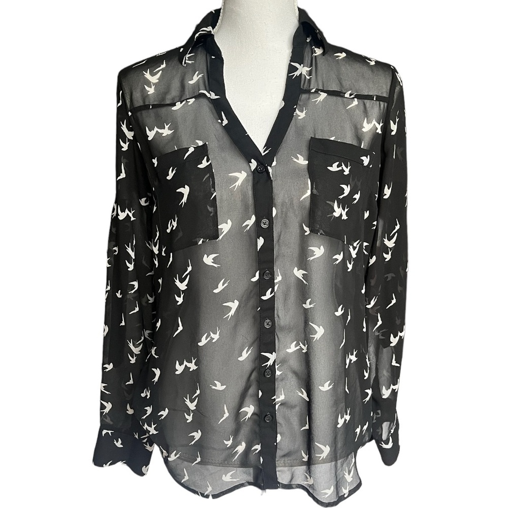 Express Portofino Top Birds Sheer Logo Button Up Shirt Blouse Low V Cut Size S